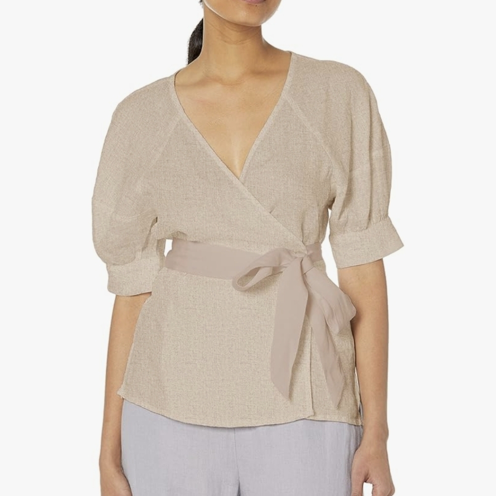 NWT Club Monaco Linen Puff Sleeve Tie Blouse Women's Size L